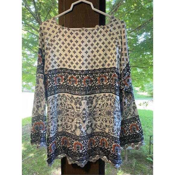 Johnny Was Rio 100% Silk Boho Blouse Top Tunic Embroidered Hems Sz L - Picture 5 of 5